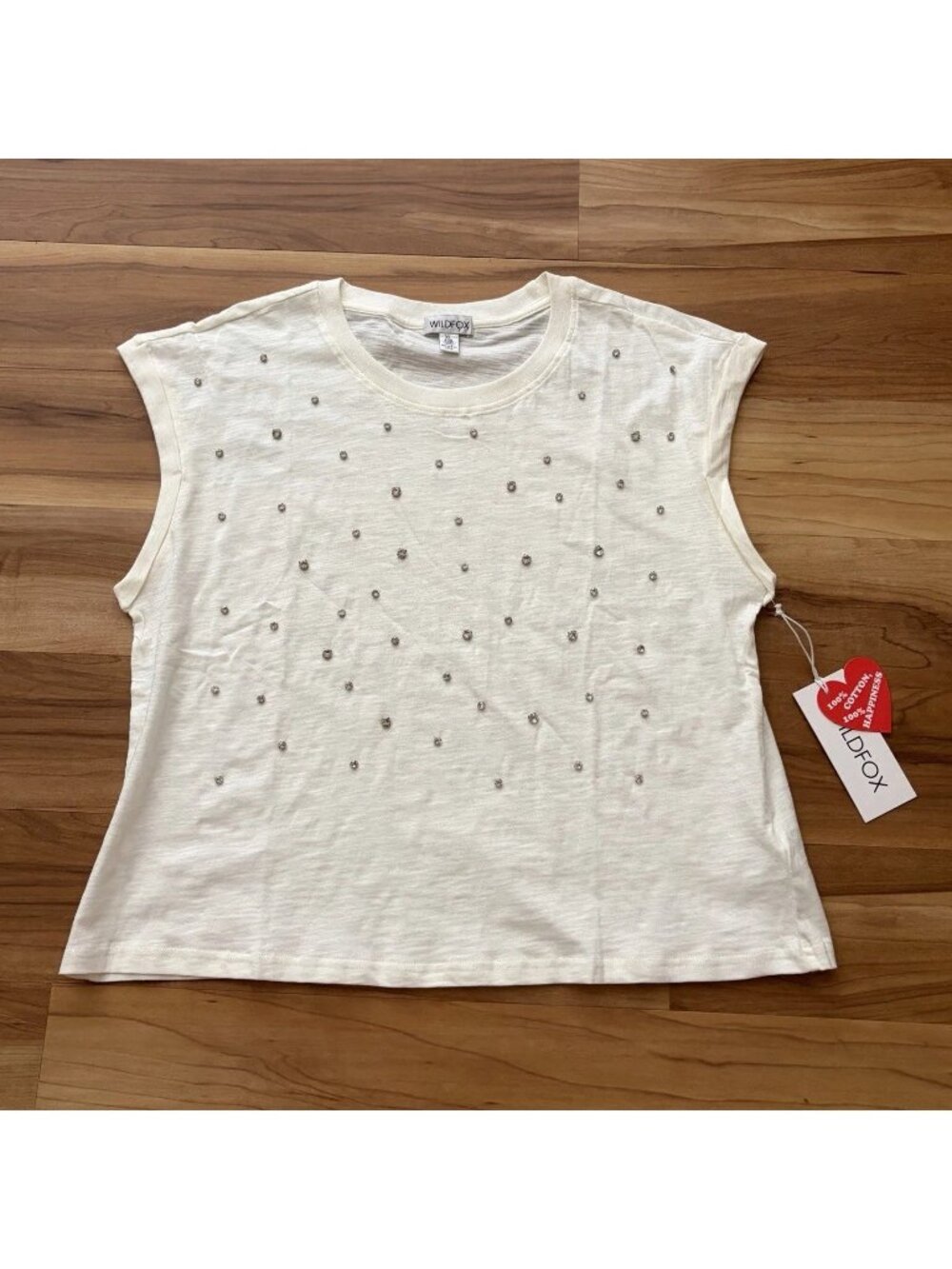 Wildfox Size XL Ivory Rolled Sleeveless Rhinestone Cotton Tee Shirt NWT